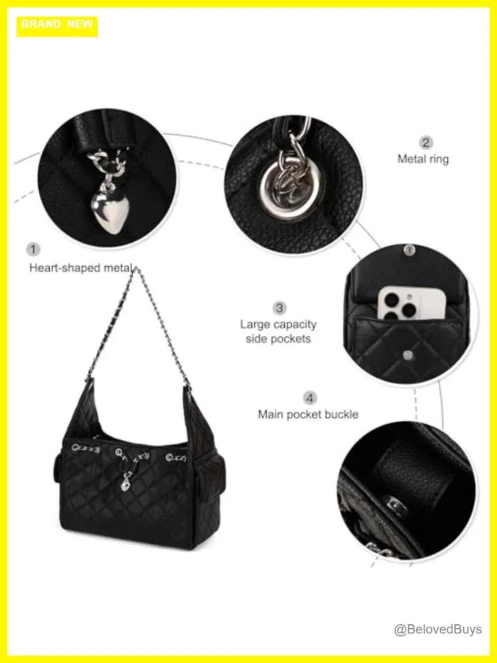 Quilted Vegan Leather Shoulder Bag Hobo Purse Chain Strap Large